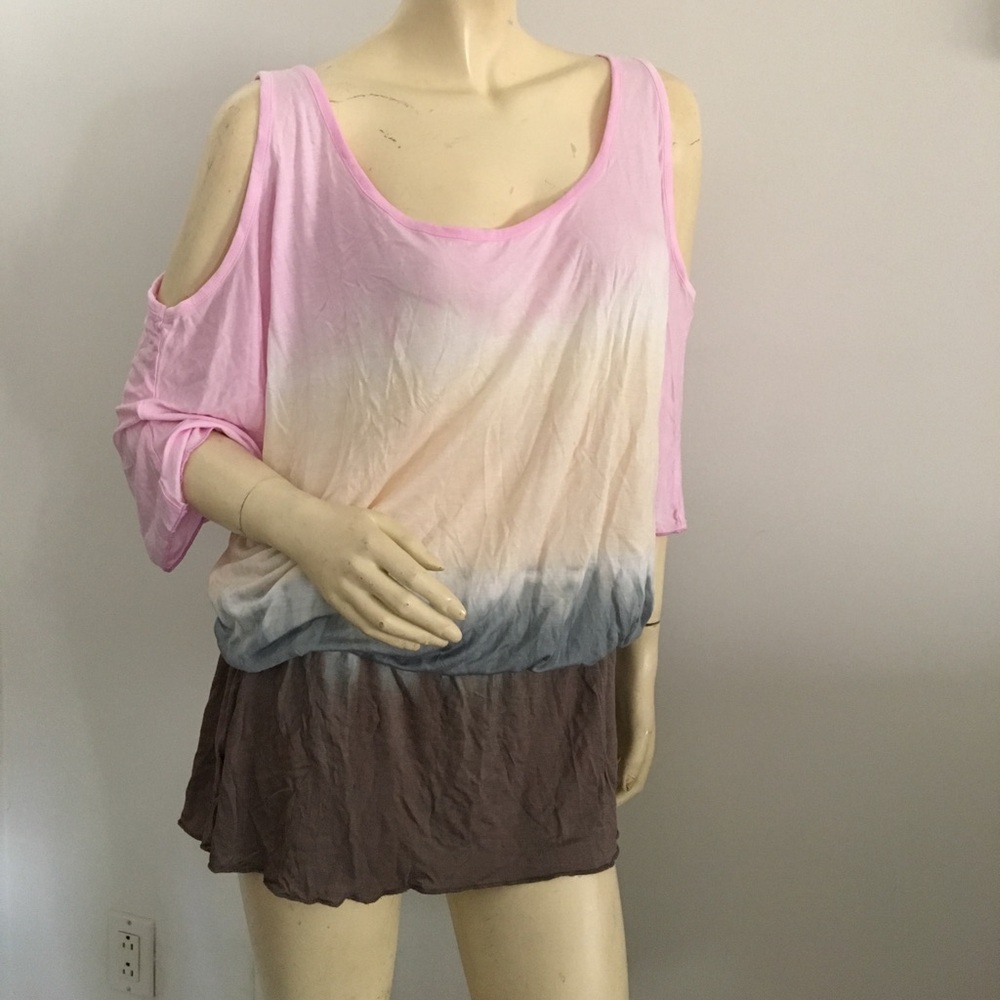 Trendy tie dye cold shoulder drop waist tunic